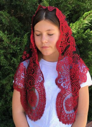Spanish Lace Church Veil  -Red Black (48" x 23")