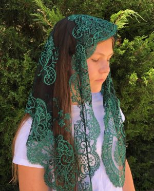 Spanish Lace Church Veil  -Green Black (48" x 23")