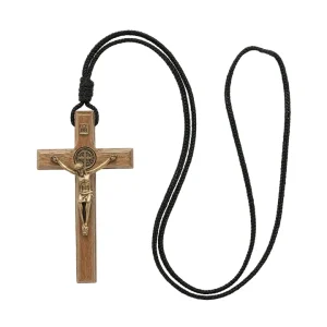 St. Benedict Wooden Crucifix Necklace   3.5"