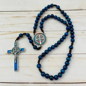 St. Benedict Wooden Rosary (Blue Resin)   20"